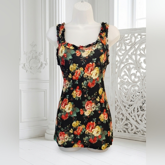 h.i.p. happening in the present Tops - H.I.P. Happening In The Present Black Rose Floral Ruffle Tank Top